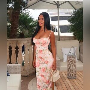 NEW House Of CB Josefina Peony Print Satin Maxi Dress M Plus Cup D-E Bustier